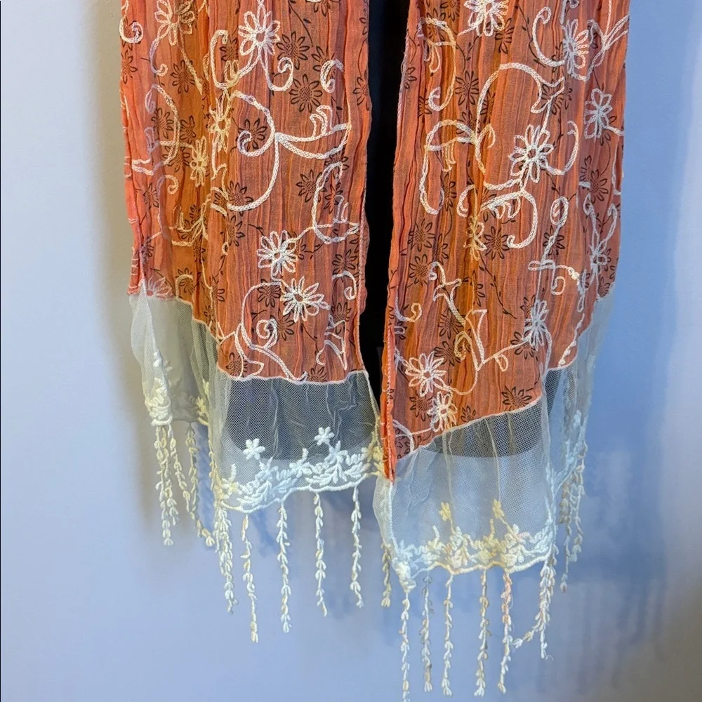 Tickled Pink Orange cream Mesh Crochet Embroidered Floral Scarf Fringe Cotton